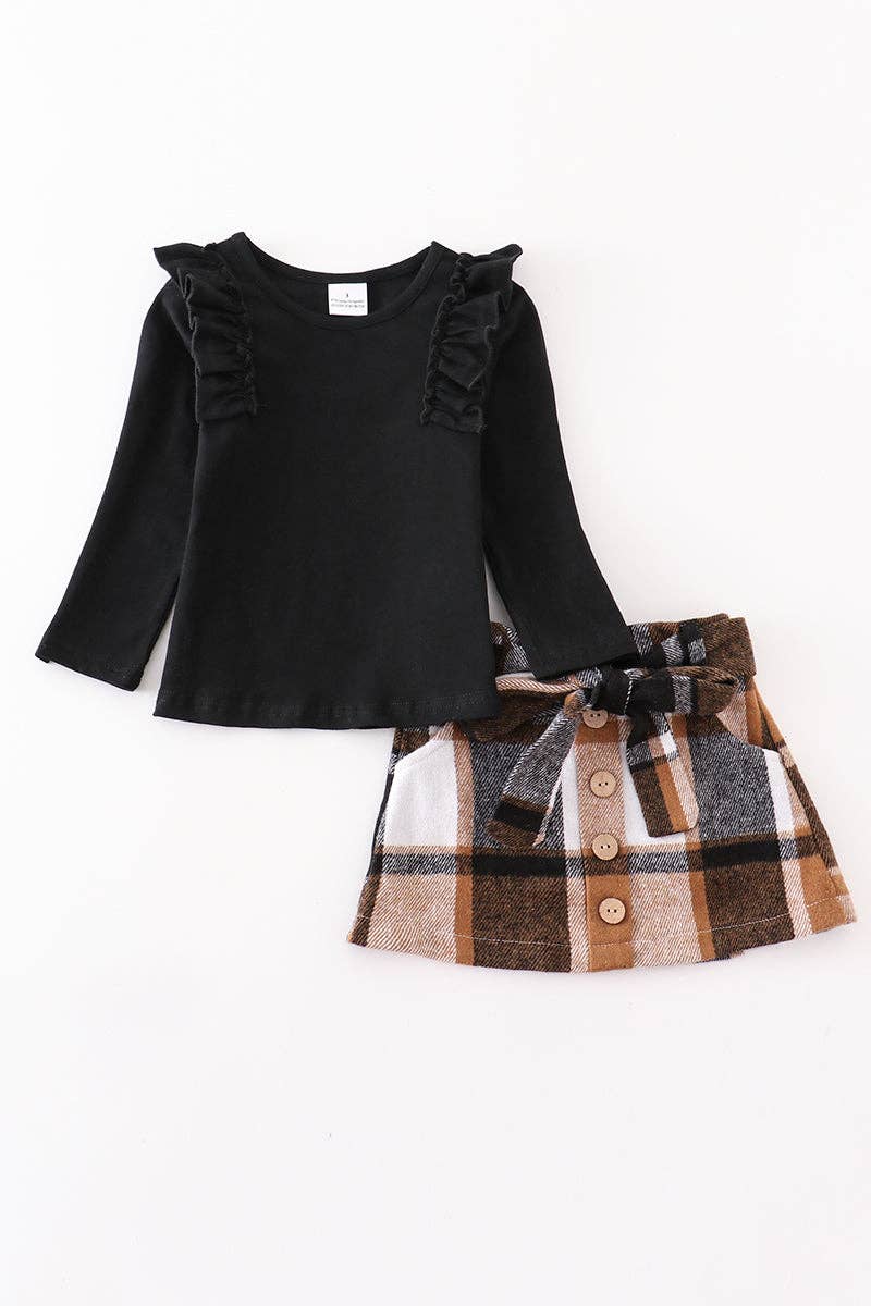 Black ruffle plaid girl skirt set