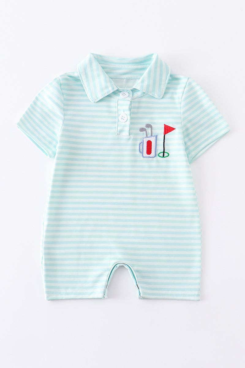 Green Golf Embroidery Striped Boy Romper