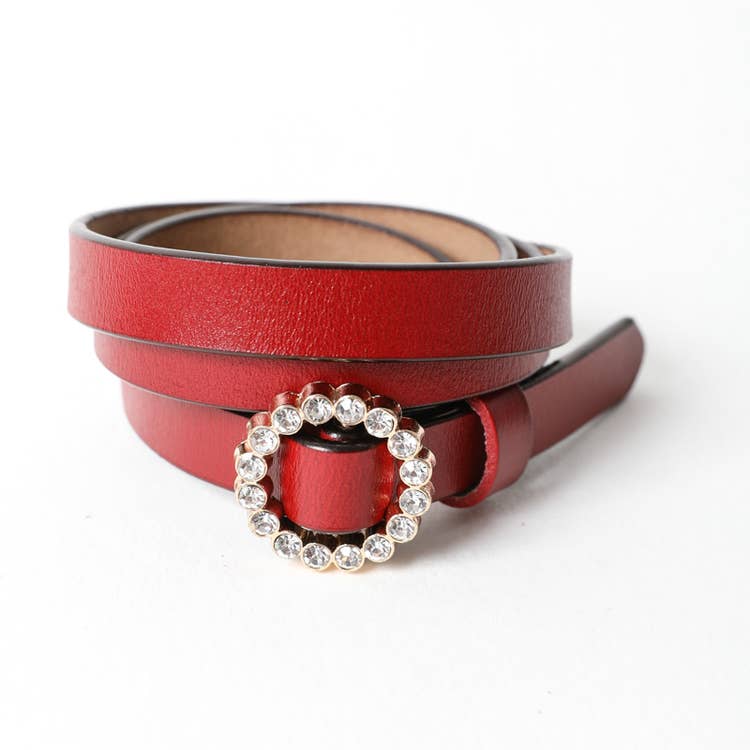 Skinny Rhinestone Ring Leather Cinch Belt